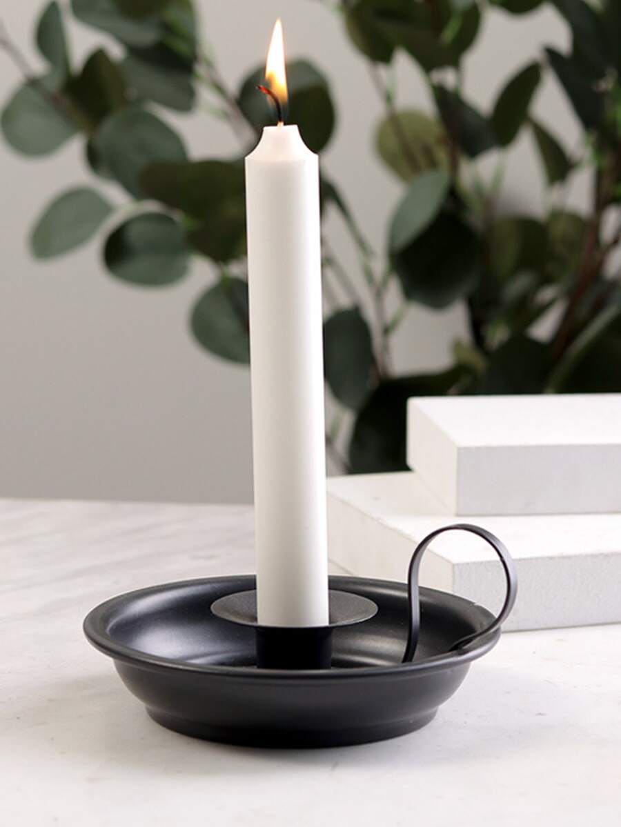 1pc Iron Candle Holder, Vintage Black Round Candle Stand For Wedding Party - Black - View 1