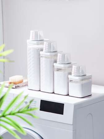 1 pièce Boîte De Rangement En Copolymère D'acrylonitrile-styrène, Boîte De Rangement De Détergent À Lessive Multifonctionnelle Transparente Minimaliste Avec Tasse À Mesurer Pour Le Ménage
