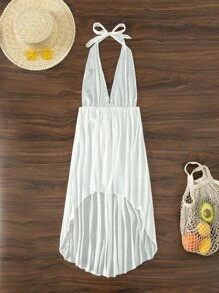 SHEIN Swim Áo che Nữ Cao thấp Buộc lại màu trơn - Màu be - Xem 7