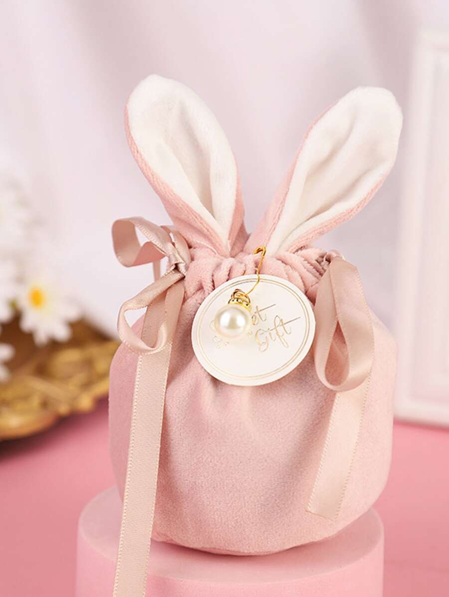 1pc Non-woven Fabric Gift Bag, Cute Rabbit Ear & Faux Pearl Decor Drawstring Party Favor Goodie Bag For Party - Pink - View 1
