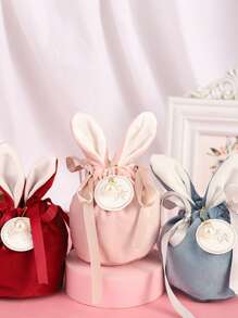 1pc Non-woven Fabric Gift Bag, Cute Rabbit Ear & Faux Pearl Decor Drawstring Party Favor Goodie Bag For Party - Pink - View 4