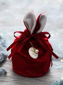 1pc Non-woven Fabric Gift Bag, Cute Rabbit Ear & Faux Pearl Decor Drawstring Party Favor Goodie Bag For Party - Pink - View 5