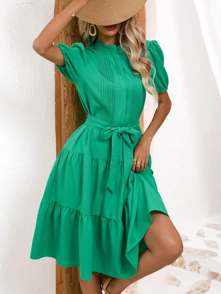 SHEIN VCAY Vestido con cinturón de manga farol bajo con fruncido - Verde - Ver 1