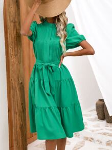 SHEIN VCAY Vestido con cinturón de manga farol bajo con fruncido - Verde - Ver 7