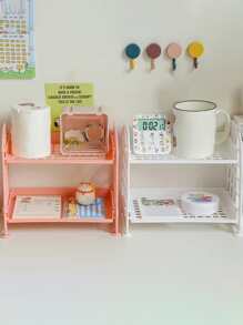 1pc Foldable Plastic Desktop Storage Rack, Minimalist Green Double-layer Organizer For Home - Green - View 3