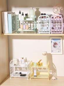 1pc Foldable Plastic Desktop Storage Rack, Minimalist Green Double-layer Organizer For Home - Green - View 5