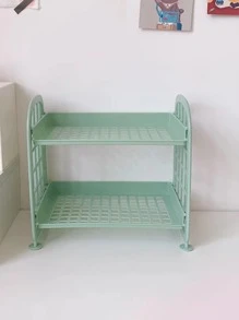 1pc Foldable Plastic Desktop Storage Rack, Minimalist Green Double-layer Organizer For Home - Green - View 1