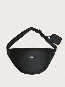 字母補丁細節腰包配零錢包黑色適合日常生活