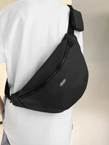 字母補丁細節腰包配零錢包黑色適合日常生活