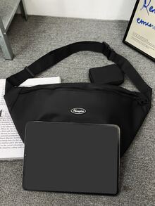 字母補丁細節腰包配零錢包黑色適合日常生活