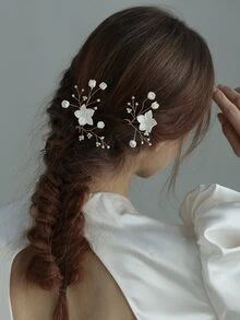 2入組女士花和人造珍珠裝飾時尚風格婚禮髮夾