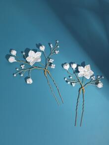 2入組女士花和人造珍珠裝飾時尚風格婚禮髮夾