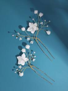 2入組女士花和人造珍珠裝飾時尚風格婚禮髮夾