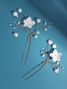 2入組女士花和人造珍珠裝飾時尚風格婚禮髮夾