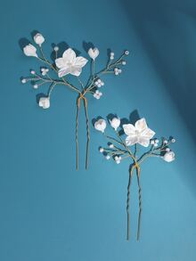 2入組女士花和人造珍珠裝飾時尚風格婚禮髮夾