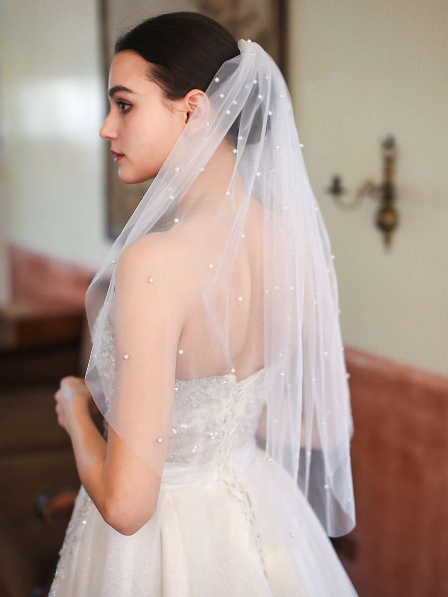 1 chiếc khăn voan cô dâu kiểu lãng mạn đính ngọc trai giả dành cho nữ, phụ kiện mùa thu cho ngày Valentine. - trắng - Xem 1