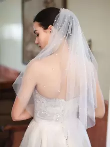 1 chiếc khăn voan cô dâu kiểu lãng mạn đính ngọc trai giả dành cho nữ, phụ kiện mùa thu cho ngày Valentine. - trắng - Xem 2