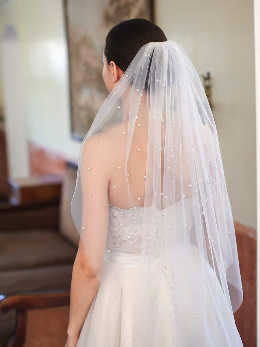 1件装女士仿珍珠装饰浪漫风格新娘头纱，带发梳，情人节配饰 - 白色 - 查看 1