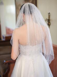 1件装女士仿珍珠装饰浪漫风格新娘头纱，带发梳，情人节配饰 - 白色 - 查看 2