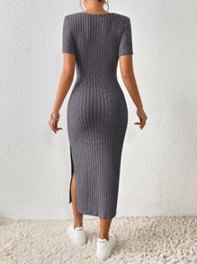 SHEIN Frenchy 方領高衩條紋針織連衣裙 - 黑色 - 查看 2