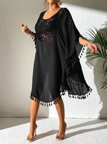 SHEIN Swim Hollow Out Tassel Trim Cover Up Dress,Summer Beach - Black - View 4