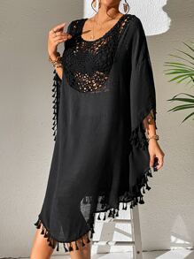 SHEIN Swim Hollow Out Tassel Trim Cover Up Dress,Summer Beach - Black - View 5
