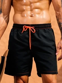 Surfspeed Hombres Shorts de natación con puntada en contraste de cintura con cordón - Negro - Ver 4