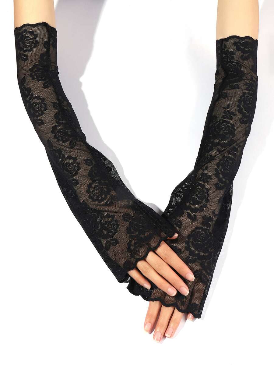 1對女士花卉刺繡貝殼邊時尚袖套適用於戶外遊玩