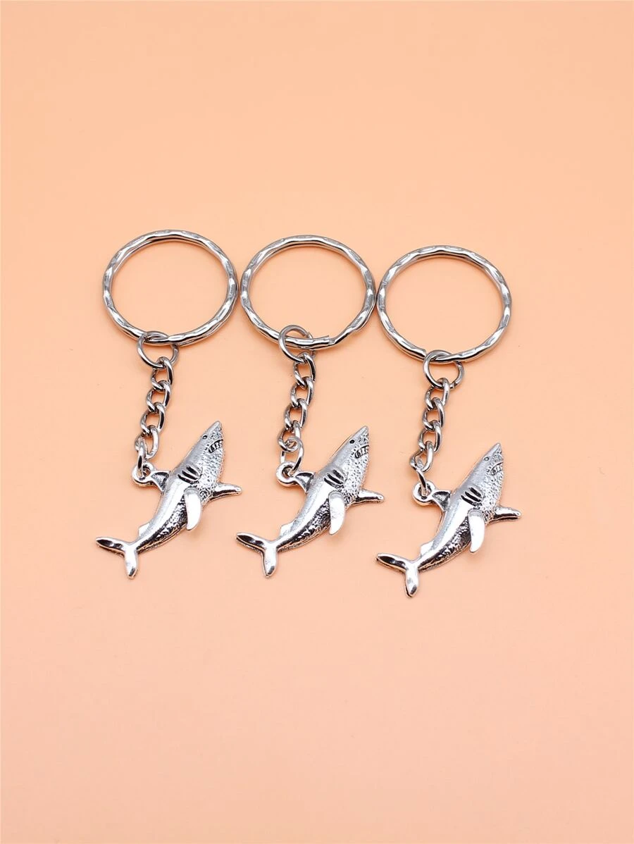 3入組32x16mm鯊魚吊墜鑰匙扣25mm外徑壓花銅線鑰扣，帶鏈鑰匙扣 - 復古銀色 - 查看 1