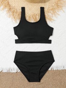Conjunto de bikini acanalado liso para niña preadolescente, verano playa - Negro - Ver 1