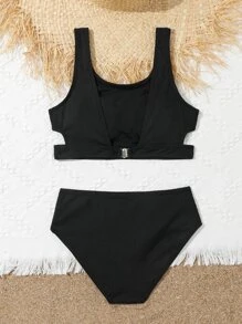 Conjunto de bikini acanalado liso para niña preadolescente, verano playa - Negro - Ver 2