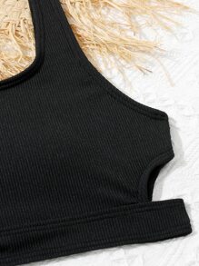 Conjunto de bikini acanalado liso para niña preadolescente, verano playa - Negro - Ver 3