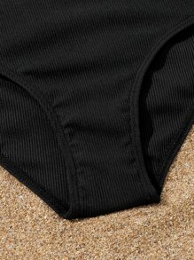 Conjunto de bikini acanalado liso para niña preadolescente, verano playa - Negro - Ver 4