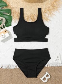 Conjunto de bikini acanalado liso para niña preadolescente, verano playa - Negro - Ver 5