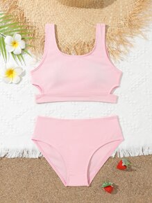 Conjunto de bikini de canalé liso para niña preadolescente, para la playa de verano - Rosa Pálido - Ver 1