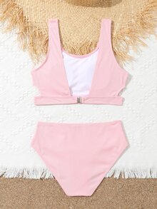 Conjunto de bikini de canalé liso para niña preadolescente, para la playa de verano - Rosa Pálido - Ver 2