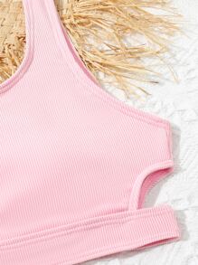 Conjunto de bikini de canalé liso para niña preadolescente, para la playa de verano - Rosa Pálido - Ver 3