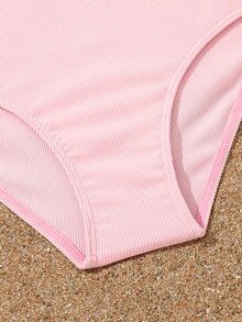 Conjunto de bikini de canalé liso para niña preadolescente, para la playa de verano - Rosa Pálido - Ver 4
