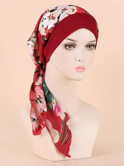 1pc Women Floral Pattern Fashion Head Wrap For Outdoor Travel Silk Bonnet Satin Bonnet Hair Sleep Cap