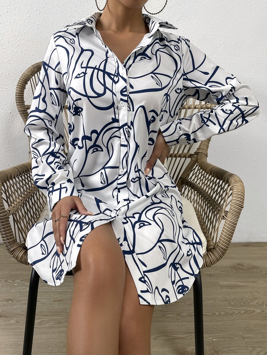 SHEIN Privé 滿版印花前紐扣襯衫連衣裙 - 白色 - 查看 1