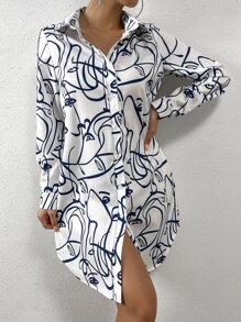 SHEIN Privé 滿版印花前紐扣襯衫連衣裙 - 白色 - 查看 5