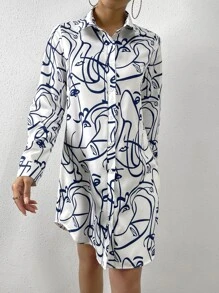 SHEIN Privé 滿版印花前紐扣襯衫連衣裙 - 白色 - 查看 6