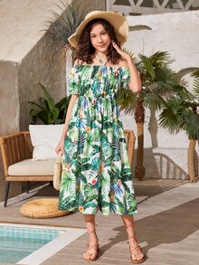 SHEIN Teen Girls Tropical Print Off Shoulder Ruffle Trim Dress - Multicolor - View 4