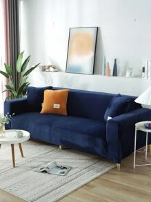 1pc 4-Season Silver Fox Velvet Non-Slip Sofa Cover, 1/2/3/4-Seater, Solid Color Stretch Slouchy Sofa Slipcover, Anti-Cat Scratch Sofa Protector (One Pillow Case Included) - Navy Blue - View 5