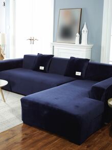 1pc 4-Season Silver Fox Velvet Non-Slip Sofa Cover, 1/2/3/4-Seater, Solid Color Stretch Slouchy Sofa Slipcover, Anti-Cat Scratch Sofa Protector (One Pillow Case Included) - Navy Blue - View 6