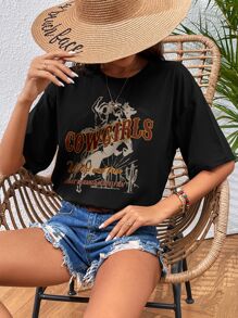 INAWLY 字母圖案落肩T恤 - 黑色 - 查看 1