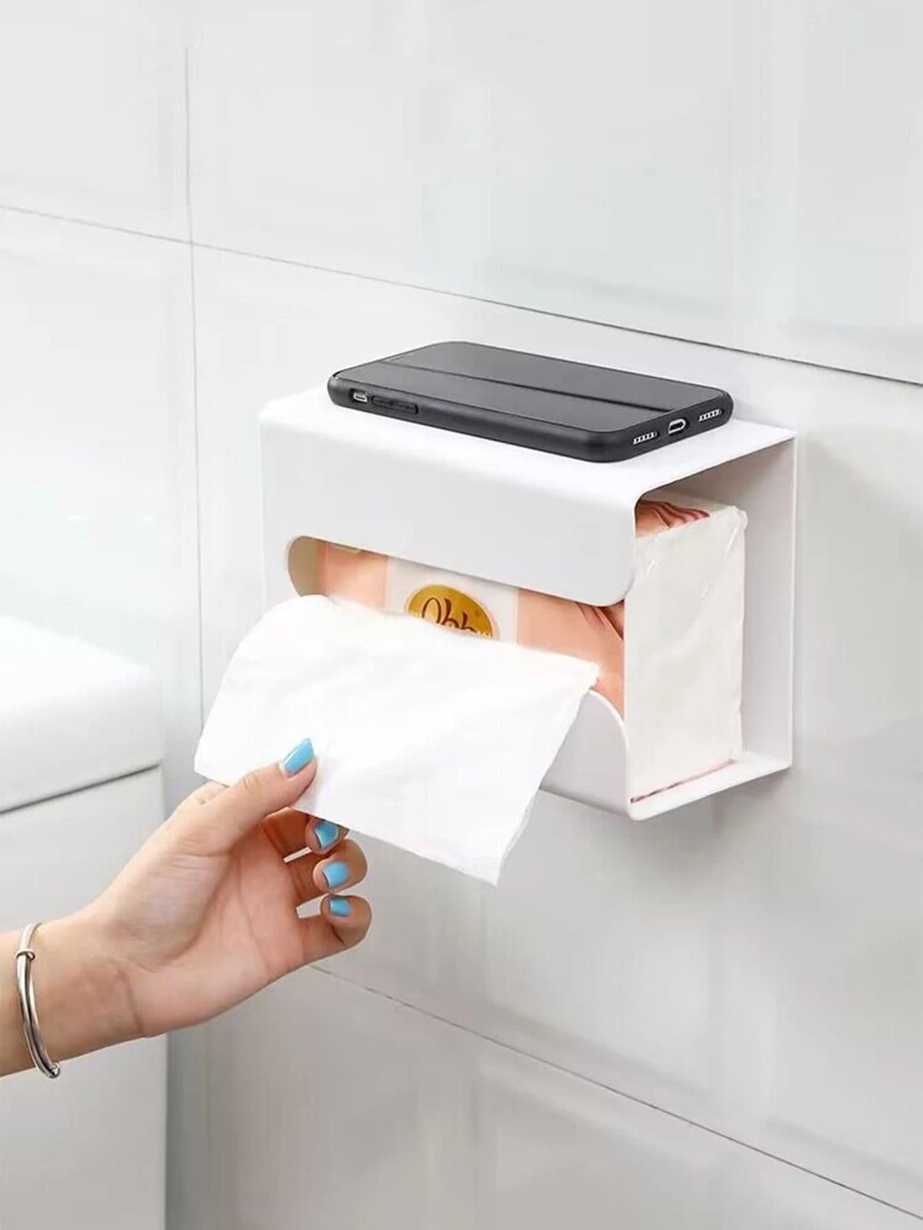 1入組塑料紙巾收納盒簡約免打孔壁掛式家用紙巾盒蓋架 - 白色 - 查看 1