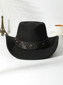 1入組女式牛頭裝飾牛仔軟呢帽適合派對 - 黑色 - 查看 3