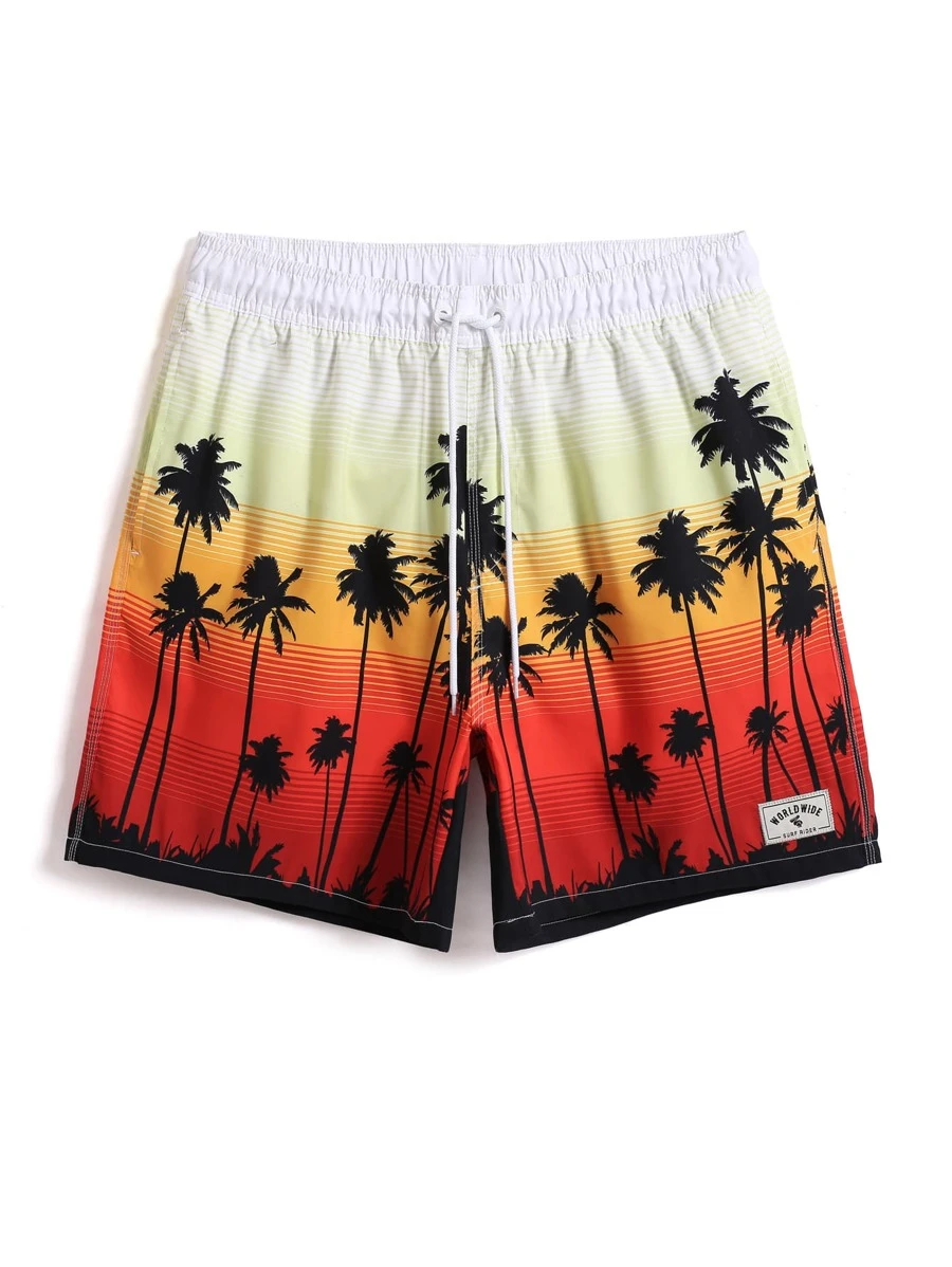 Manfinity Hombres Shorts de natación con estampado de árbol de coco de cintura con cordón - Multicolor - Ver 1