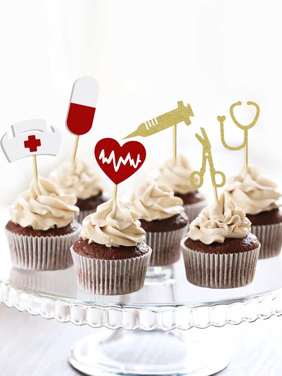 護士帽、聽診器、針筒護士6入組蛋糕裝飾，畢業主題生日派對蛋糕裝飾，6款設計，每款2個，總計12件/包 - 彩色 - 查看 1